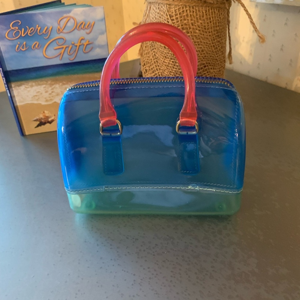 Deluxity Los Angeles, vibrant mini purse, BLUE GREEN with 2, 3 inch PINK handles